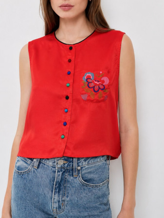 BLUSA VINTAGE SATINADA CON BORDADO